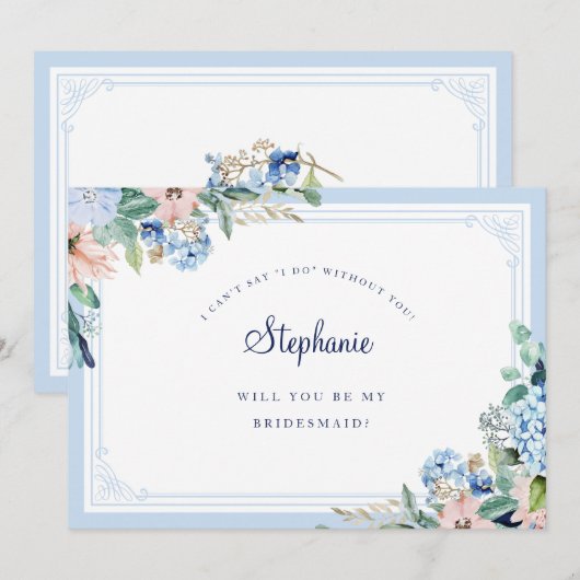 Invitation Watercol Floral Bleu rose Élégant Bridesmaid (Devant / Derrière)