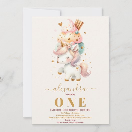 Invitation Watercolo Ice Cream Unicorn 1er Anniversaire Paste (Devant)