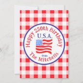 Invitation Watercolor 250 Birthday USA Flag Red Check  (Devant)