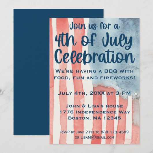 Invitation Watercolor American Flag 4 juillet (Devant / Derrière)