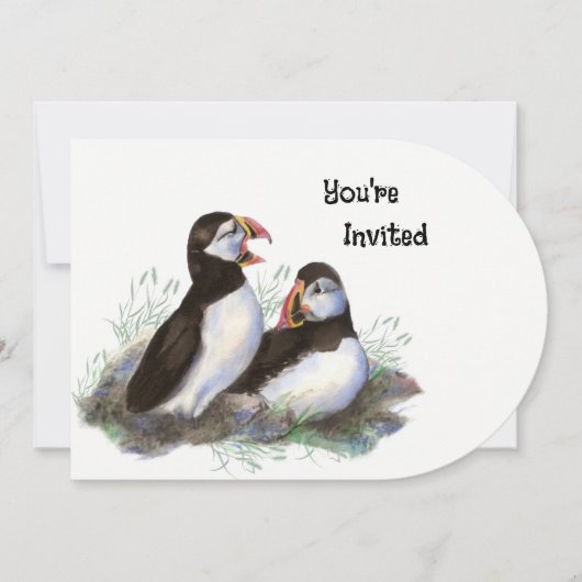 Invitation Watercolor art Puffin Bird Anniversaire (Devant)