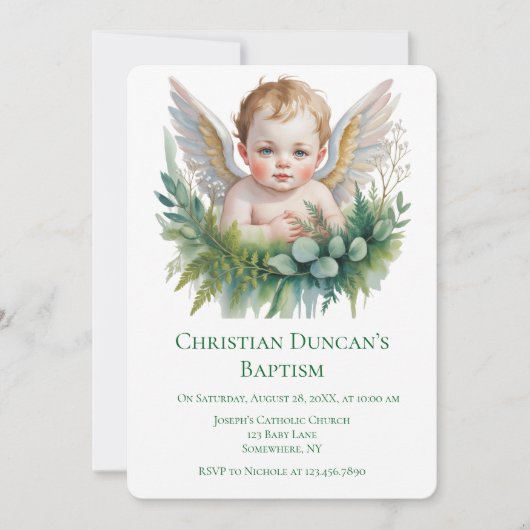 Invitation Watercolor Baby Angel Feather Wings Baptism (Devant)