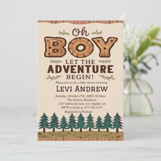 Invitation Watercolor Baby shower Bois Woodland (Debout devant)