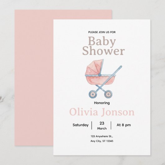 Invitation Watercolor Baby Shower Invitation, (Devant / Derrière)