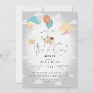 Invitation Watercolor Balloon Puppy Baby Girl Shower