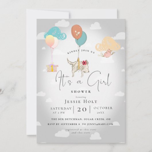 Invitation Watercolor Balloon Puppy Baby Girl Shower (Devant)