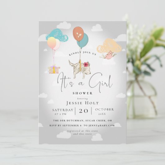 Invitation Watercolor Balloon Puppy Baby Girl Shower (Debout devant)
