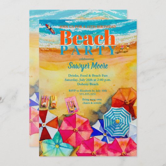 Invitation Watercolor Beach 16e fête d'anniversaire (Devant / Derrière)