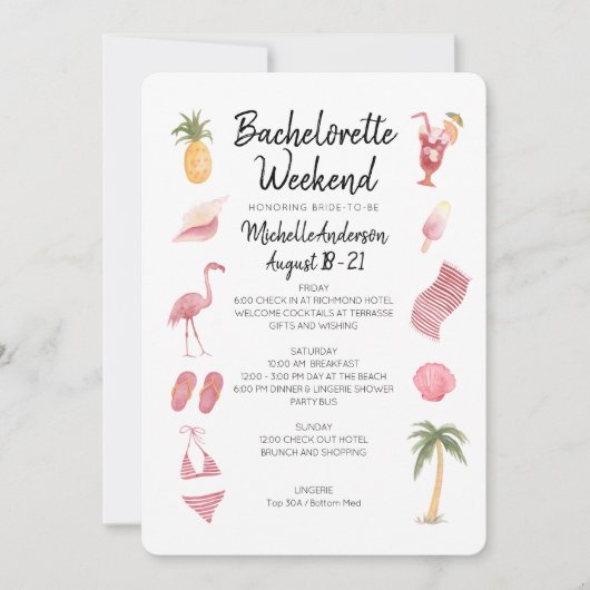 Invitation Watercolor Beach Bachelorette Week-end Itinéraire (Devant)