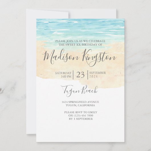 Invitation Watercolor Beach Enfants Adulte Anniversaire (Devant)