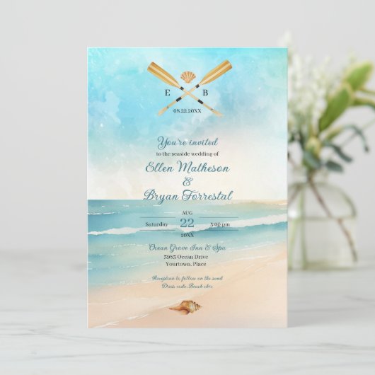 Invitation Watercolor Beach Oars Mariage (Debout devant)
