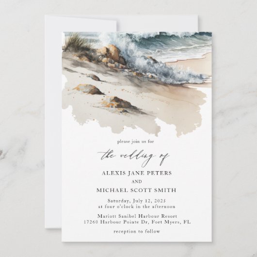 Invitation Watercolor Beach Ocean Coastal Mariage (Devant)