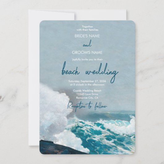Invitation Watercolor Beach Ocean Waves Monogram Mariage (Devant)