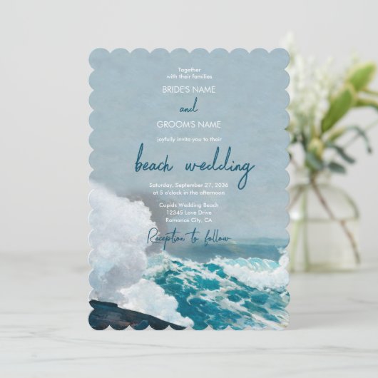 Invitation Watercolor Beach Ocean Waves Monogram Mariage (Debout devant)