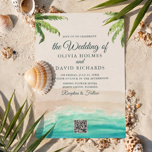 Invitation Watercolor Beach Photo & QR Code Mariage