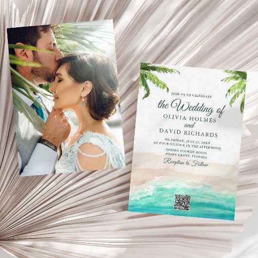 Invitation Watercolor Beach Photo & QR Code Mariage