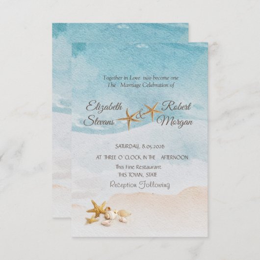 Invitation Watercolor Beach Seashells Sand Wedding  (Devant / Derrière)