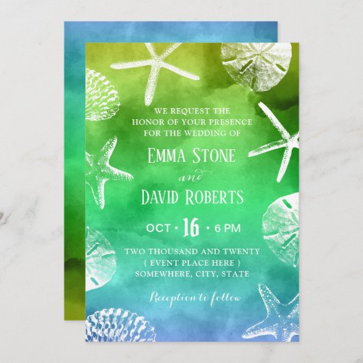 Invitation Watercolor Beach Wedding Starfish Seashell (Devant / Derrière)