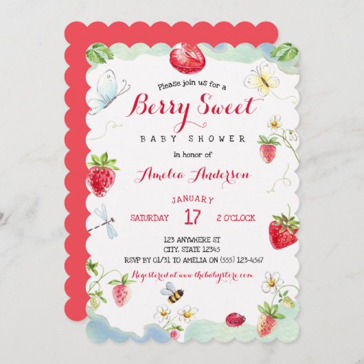 Invitation Watercolor Berry Sweet Strawberries Baby Shower (Devant / Derrière)