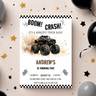 Invitation Watercolor Black Boom Crash Monster Truck Bash