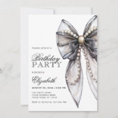 Invitation Watercolor Black Bow et Pearl fête d'anniversaire (Devant)