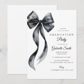 Invitation Watercolor black bow modern graduation party (Devant / Derrière)