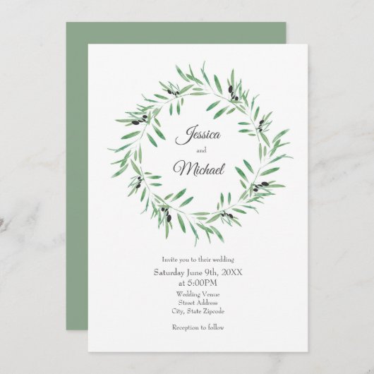 Invitation Watercolor Black Olive Wreath (Devant / Derrière)