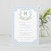 Invitation Watercolor Blue 1st Birthday Monogram Crest Party (Debout devant)
