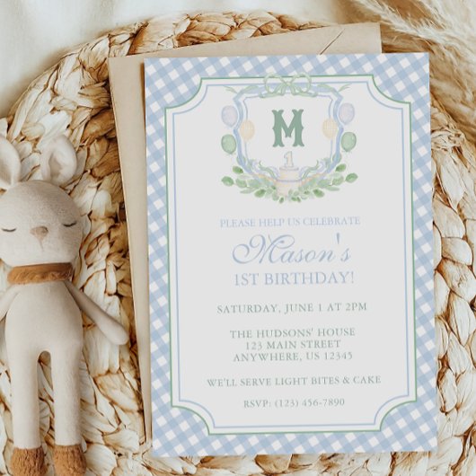 Invitation Watercolor Blue 1st Birthday Monogram Crest Party