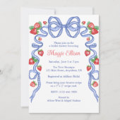 Invitation Watercolor Blue Bows & Red Strawberries Party (Devant)