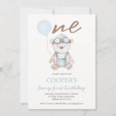 Invitation Watercolor Blue Brown Beary First Birthday  (Devant)