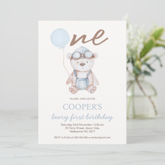 Invitation Watercolor Blue Brown Beary First Birthday  (Debout devant)
