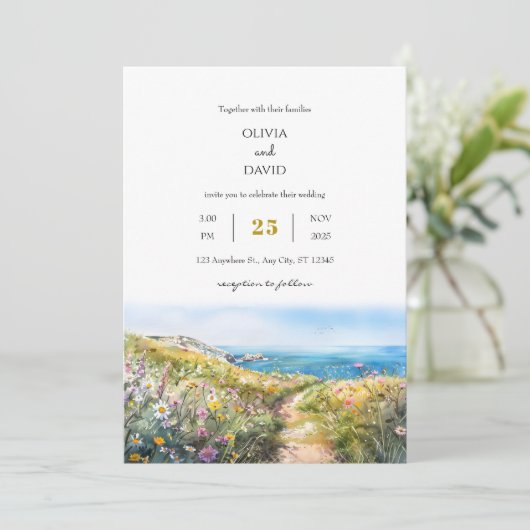 Invitation Watercolor Blue Coastal Meadow Art Beach Wedding (Debout devant)