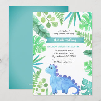 Invitation Watercolor Blue Dinosaur Boys Baby shower