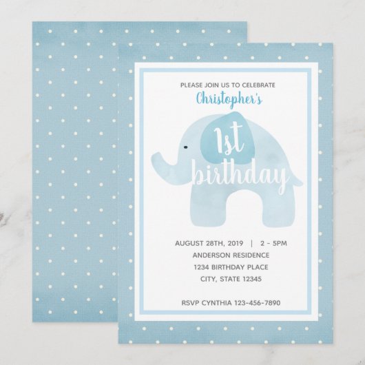 Invitation Watercolor Blue Elephant 1er Birthday Boy (Devant / Derrière)