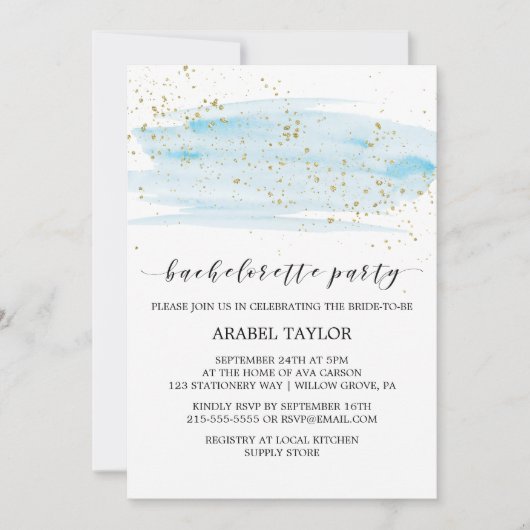 Invitation Watercolor Blue et Gold Bachelorte Party (Devant)