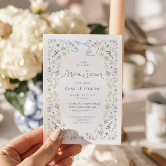 Invitation Watercolor Blue Floral Bridal Brunch Bow Invitatio