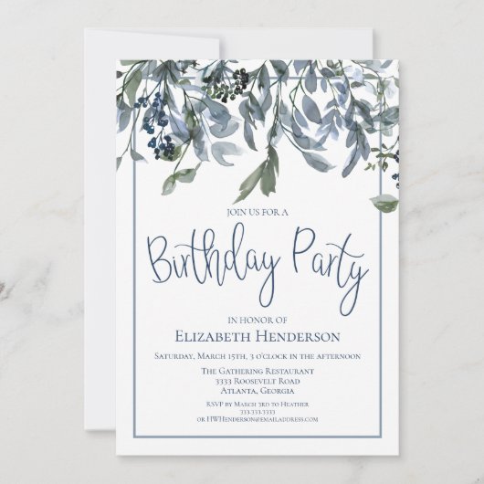 Invitation Watercolor Blue Floral fête d'anniversaire (Devant)