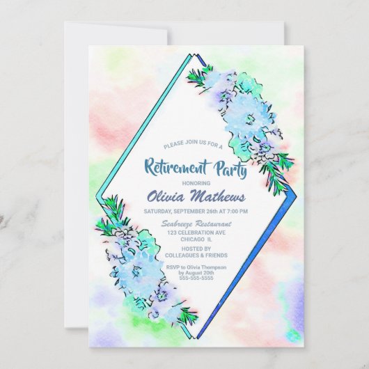 Invitation Watercolor Blue Floral Retraite Party (Devant)