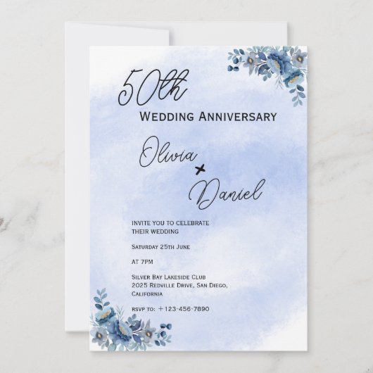 Invitation Watercolor Blue Floral Wedding Anniversary (Devant)