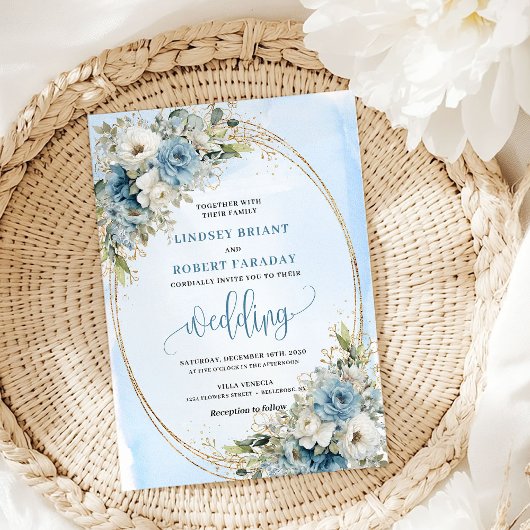 Invitation Watercolor Blue Flowers Eucalyptus Gold Wedding 