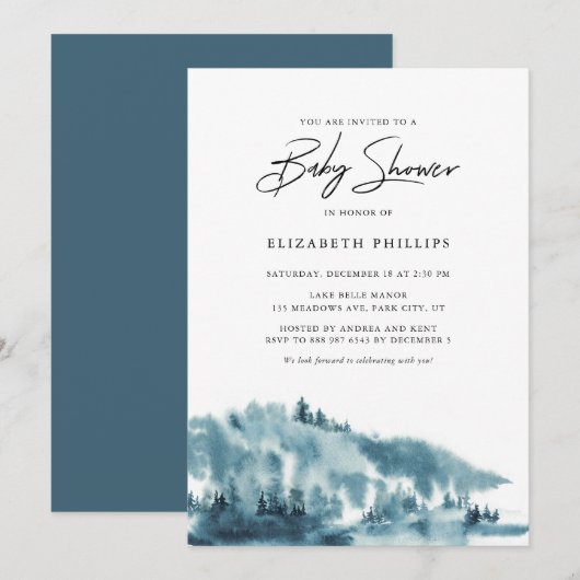 Invitation Watercolor Blue Forest Baby shower d'hiver (Devant / Derrière)