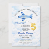 Invitation Watercolor Blue & Gold Airplane 5th Birthday (Devant)