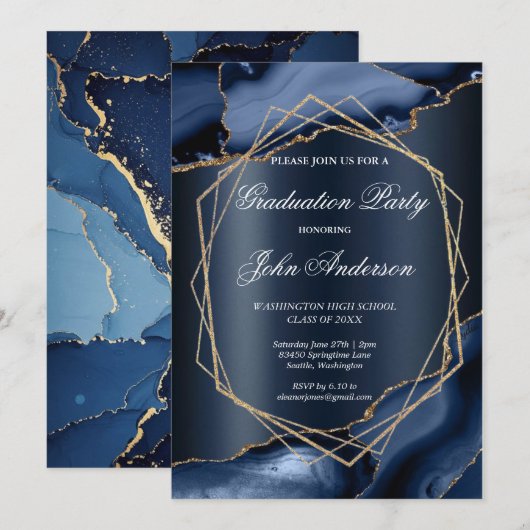 Invitation Watercolor Blue Gold Marble Graduation Party (Devant / Derrière)
