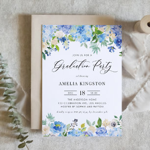 Invitation Watercolor Blue Hydrangea Floral Graduation Party