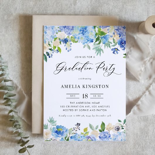 Invitation Watercolor Blue Hydrangea Floral Graduation Party