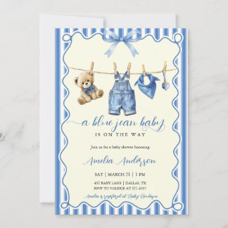 Invitation Watercolor Blue Jean Baby Teddy Bear Baby Shower