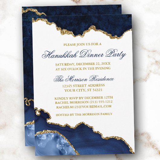 Invitation Watercolor Blue Marble Geode Gold Hanoukka Dîner