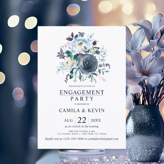 Invitation Watercolor Blue Navy Floral Engagement Party