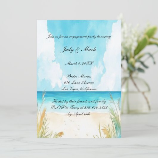 Invitation Watercolor Blue Ocean Beach (Debout devant)
